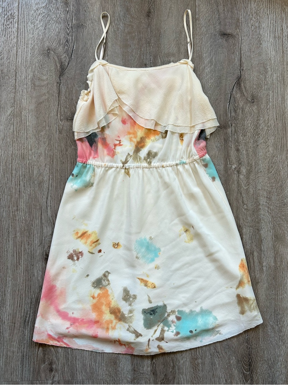 Wilfred 100% Silk Cream Water Color Ruffle Mini Sundress